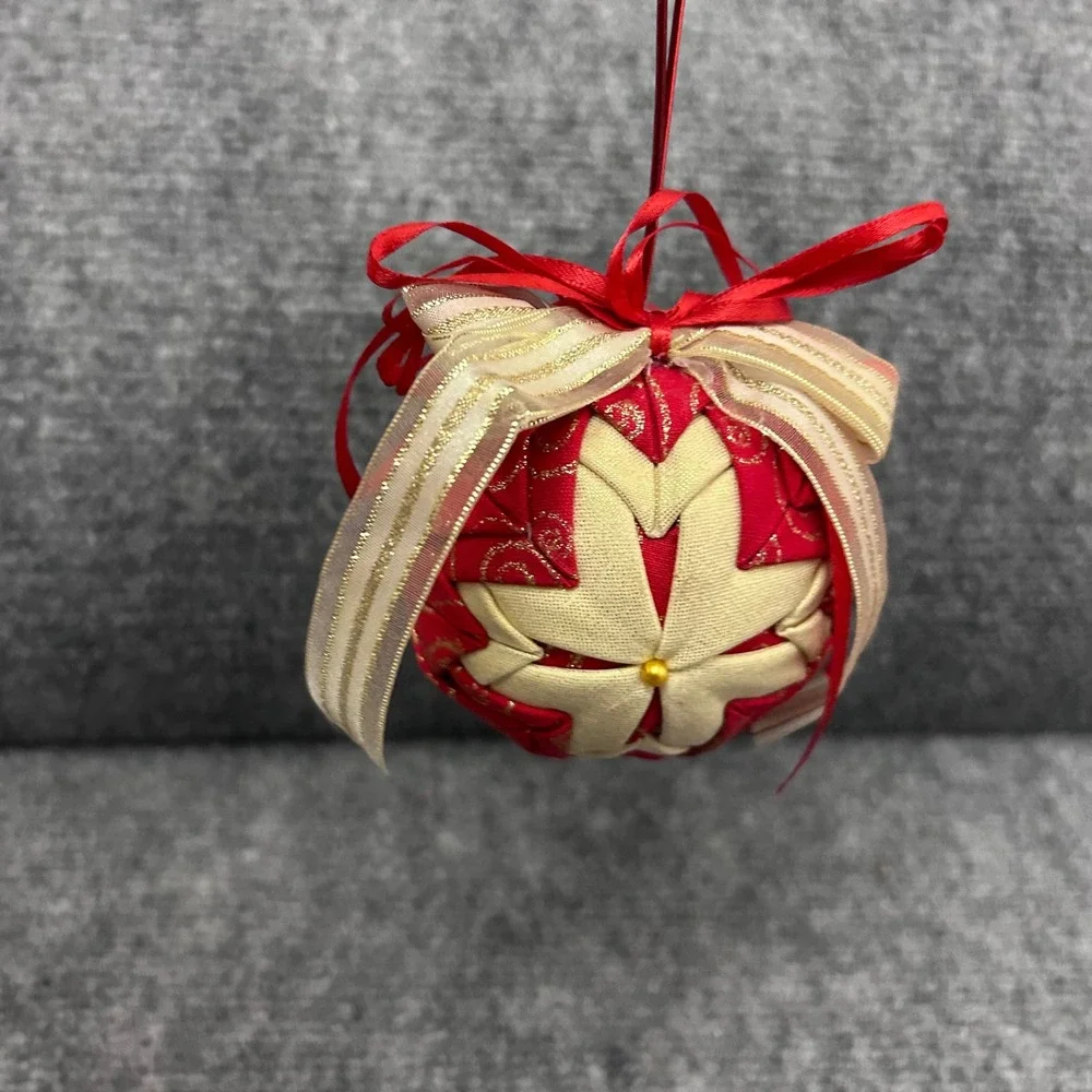 Handmade Quilted Fabric Star Ornament Red Gold Metallic Holiday Christmas Decor